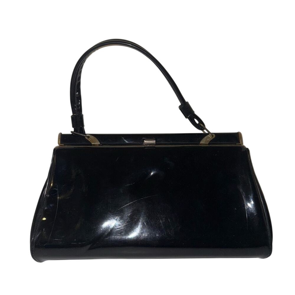 VINTAGE 80s patent leather chic luxury clasp closure Black Handbag